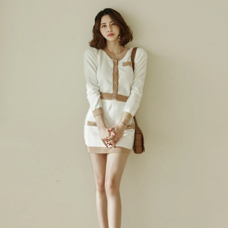Fashion Women's 2 PCS Knitted Sweater Set O-Neck Solid Color Long Sleeve Shirt + Short Skirt Autumn Winter Slim Suit 2021 Farmel |