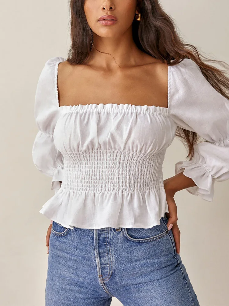 

Womens Tops And Blouses 2022 Fashion Square Neck Smocked Waist Peplum Elegant White Blouse Linen Blend Puff Long Sleeve Top