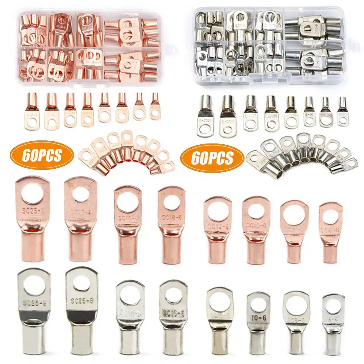 60Pcs SC Series Bare Terminals lug Tinned Copper Lug Ring Seal Wire Connectors Bare Cable Crimped/Soldered Terminal Assorted Kit
60Pcs SC Series Bare Terminals lug Tinned Copper Lug Ring Seal Wire Connectors Bare Cable Crimped/Soldered Terminal Assorted Kit