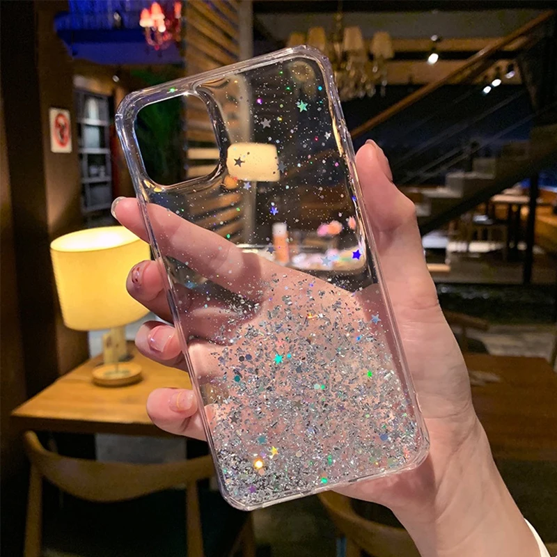 Блестящий силиконовый чехол со звездами для iPhone 11 Pro XS X XR Max блестящий прозрачный