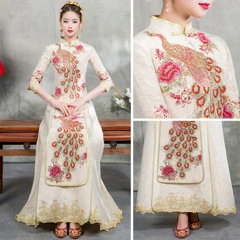 Classic Floral Female Mandarin Collar Cheongsam Marriage Suit Vestidso Rhinestone Qiapo Costume Embroidery Peacock Dress 
Classic Floral Female Mandarin Collar Cheongsam Marriage Suit Vestidso Rhinestone Qiapo Costume Embroidery Peacock Dress
