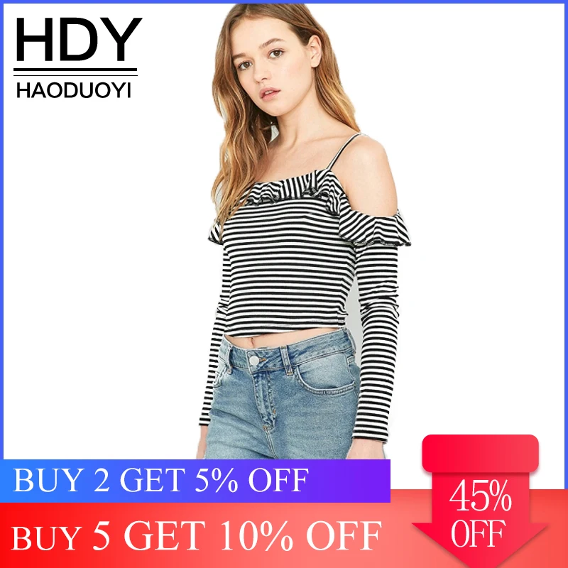 

HDY Haoduoyi 2017 Fashion Stripe Off Shoulder Women Blouse Ruffles Straps Preppy Crop Tops Brief Sweet Female Summer Blouses