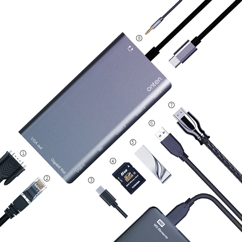 USB-C TO HDMI VGA HUB network card 8-in-1 docking station TYPE-C docking station multi-function card reader
USB-C TO HDMI VGA HUB network card 8-in-1 docking station TYPE-C docking station multi-function card reader