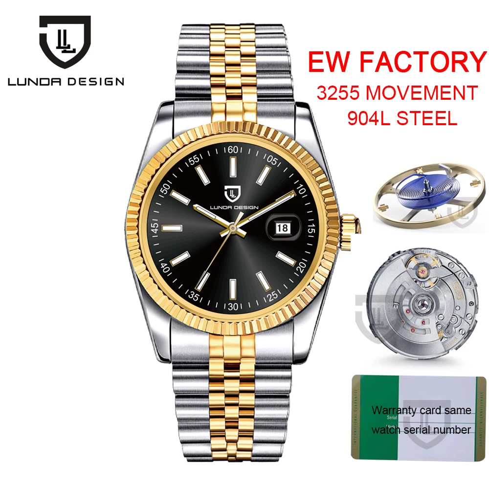 LUNDA Design EW Factory Date Mens Watch 3255 Automatic Movement 18K Gold 904L Stainless Steel Sapphire Crystal
LUNDA Design EW Factory Date Mens Watch 3255 Automatic Movement 18K Gold 904L Stainless Steel Sapphire Crystal