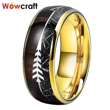 

8mm Tungsten Carbide Rings for Men Women Gold Wedding Bands Polished Dome Nature Wood Arrow Meteorite Inlay Comfort Fit