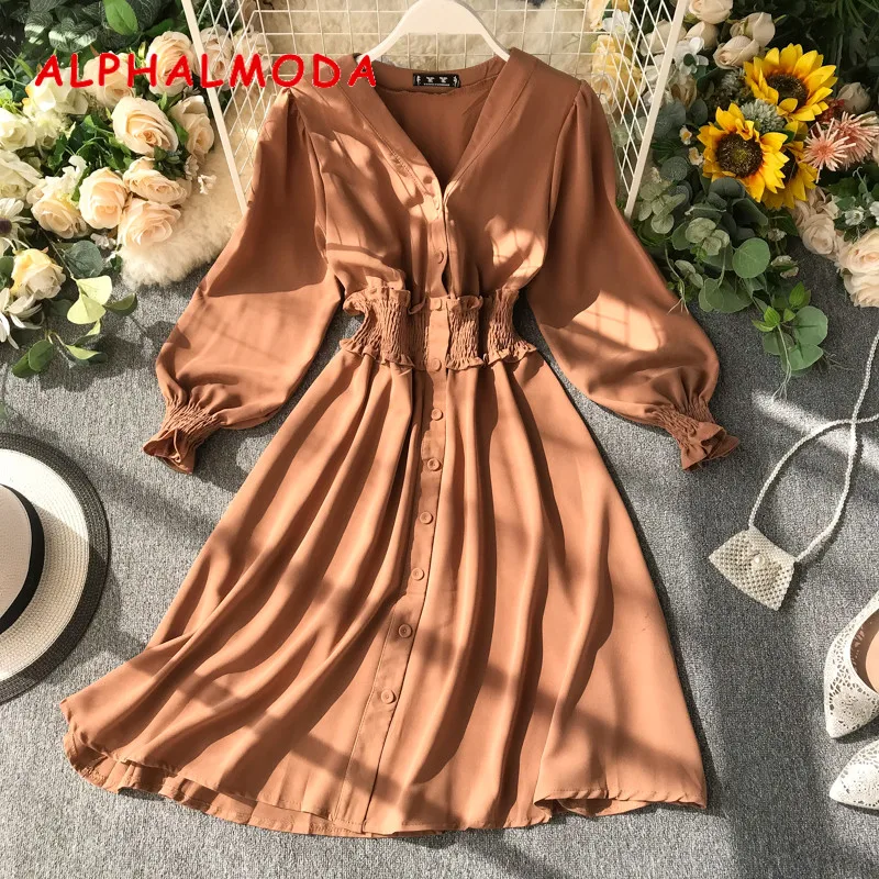 ALPHALMODA New Solid Dress 2019 Single Breasted V-collar Stretchy Waist Slim Women A-line Chiffon Dress for Autumn
ALPHALMODA New Solid Dress 2019 Single Breasted V-collar Stretchy Waist Slim Women A-line Chiffon Dress for Autumn