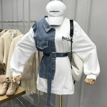 Temperament wearing loose denim patchwork top women's versatile thin spring and autumn medium long Pullover
Temperament wearing loose denim patchwork top women's versatile thin spring and autumn medium long Pullover