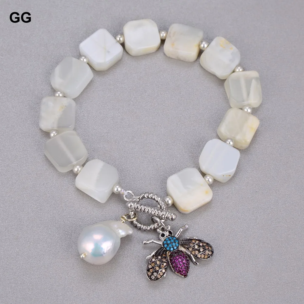 GuaiGuai Jewelry 8'' Natural Square White Moonstone Bracelet Keshi Pearl Cz Insect Charm | Украшения и аксессуары