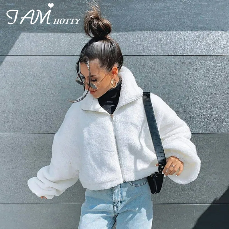 

Zipper White Lamb Fur Cropped Women Coat Autumn Winter Down 2020 Solid Cute Jacket Teddy Coats Warm Outwear Female New Iamhotty