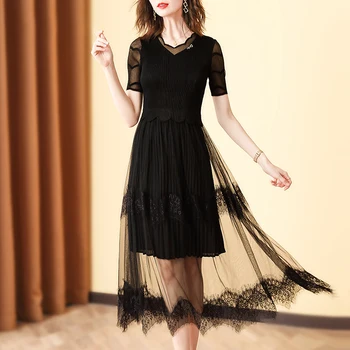 Summer Dress 2020 Plus Size For Women 45-75kg New Stretch Miyake Pleats Lace Stitching Short sleeve Slim Fashion Long Dress 
Summer Dress 2020 Plus Size For Women 45-75kg New Stretch Miyake Pleats Lace Stitching Short sleeve Slim Fashion Long Dress