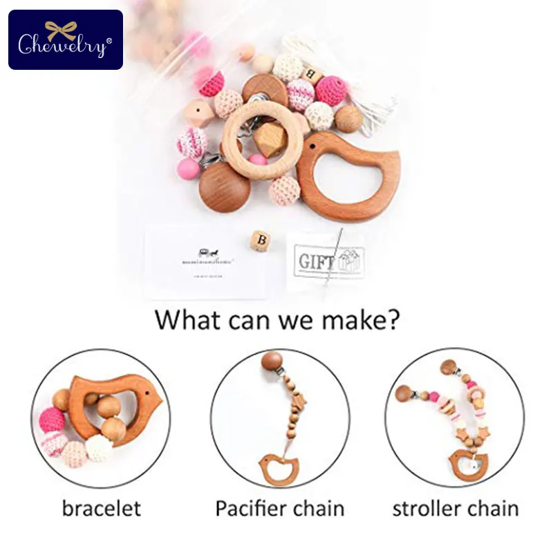 

DIY Set Baby Teething Toys Silicone Nursing Necklace Crochet Beads Bracelet Wooden Olive Oil Bird Star Bell Pacifier Beech Clips