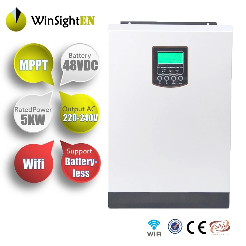 WiFi Solar Inverter 5000W Pure Sine Wave Solar Inverter 220VAC Built-in MPPT 48V 80A Solar Charge Controller Batteryless
WiFi Solar Inverter 5000W Pure Sine Wave Solar Inverter 220VAC Built-in MPPT 48V 80A Solar Charge Controller Batteryless