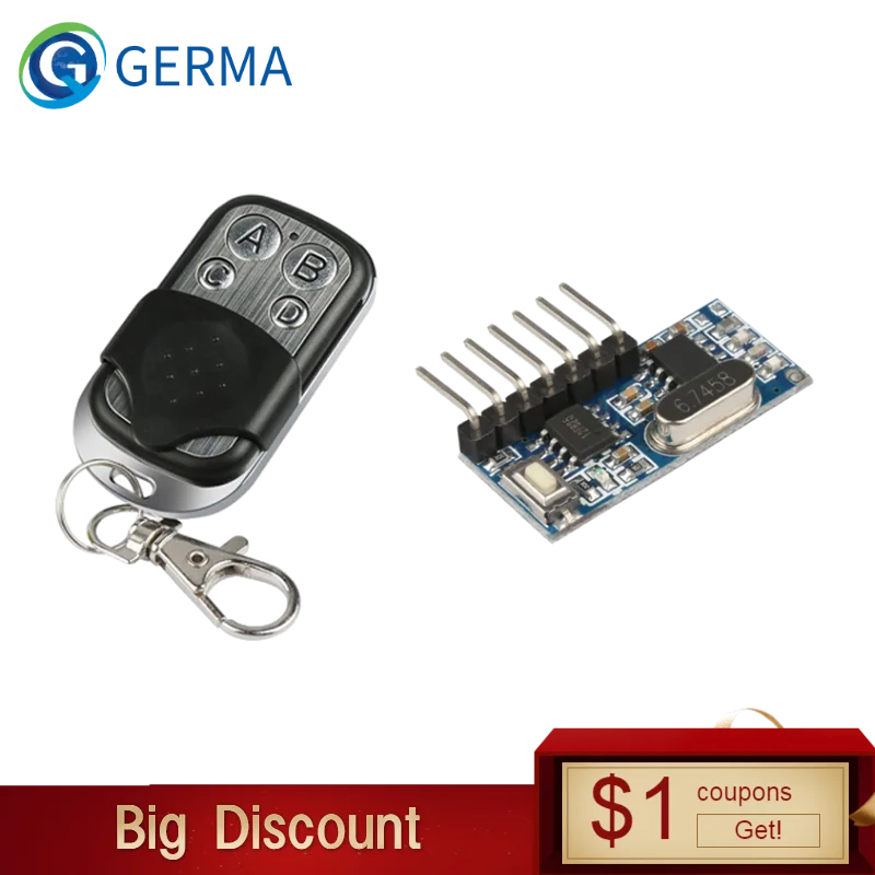 GERMA 433 Mhz RF Remote Controls Transmitter and 433mhz RF Relay Receiver Switches Module Wireless 4 CH Output Learning Button
GERMA 433 Mhz RF Remote Controls Transmitter and 433mhz RF Relay Receiver Switches Module Wireless 4 CH Output Learning Button