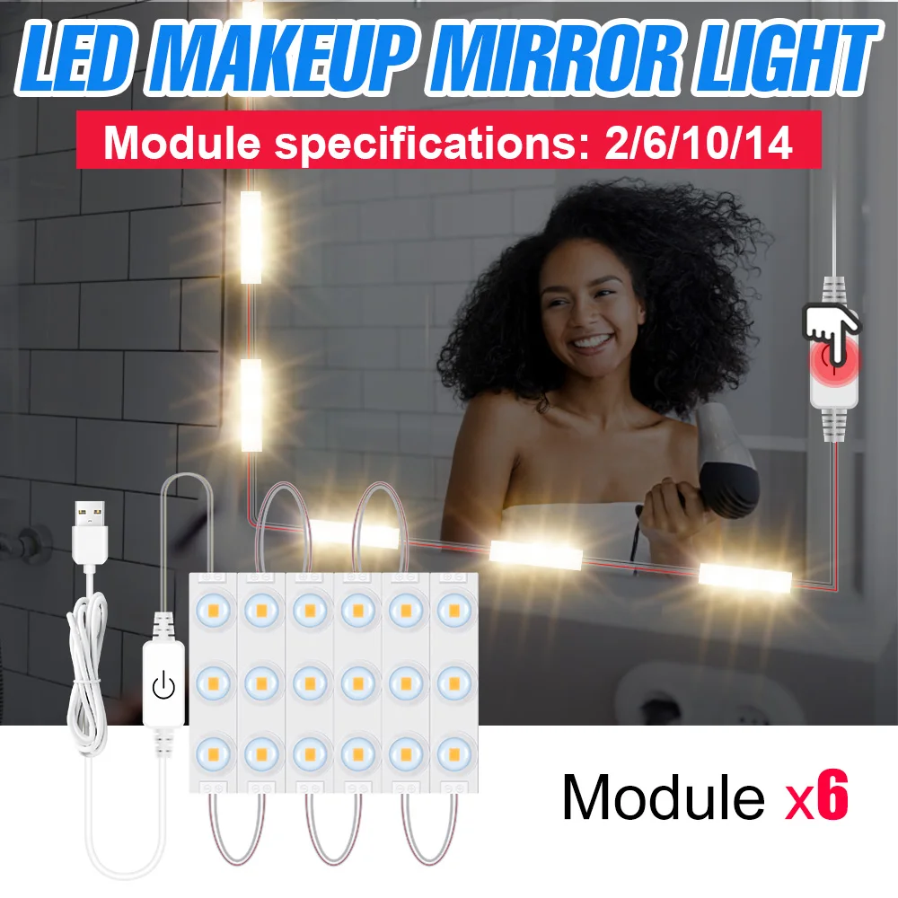 Mirror Light LED Dimmable Vanity Table Makeup Lamp DC 5V USB 2 6 10 14 Modules Bathroom Wall Lamp Cosmetic Light Dressing Table
Mirror Light LED Dimmable Vanity Table Makeup Lamp DC 5V USB 2 6 10 14 Modules Bathroom Wall Lamp Cosmetic Light Dressing Table