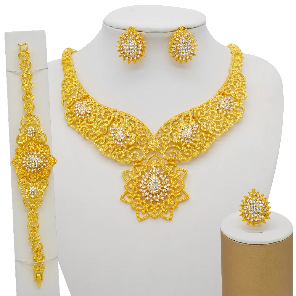 

Jewellery Set Dubai African Bridal Gifts Wedding Flower Shape Jewelry Sets For Women 24K Gold Color Necklace Earrings Set