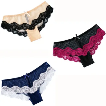 Sexy Low-rise Panties 3 pieces Khaki + Black + Blue Women's Underwear Bow Openwork Lace Panties Embroidered Panties XL XXL 
Sexy Low-rise Panties 3 pieces Khaki + Black + Blue Women's Underwear Bow Openwork Lace Panties Embroidered Panties XL XXL