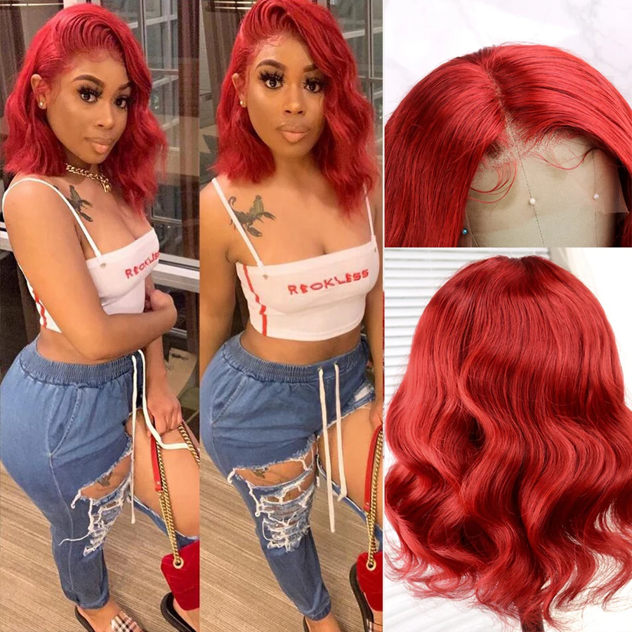 Body Wave Short Bob Lace Front Human Hair Wigs Red Colored Brazilian Remy Hair Pre Plucked Glueless 13x4 Lace Wig with Baby Hair