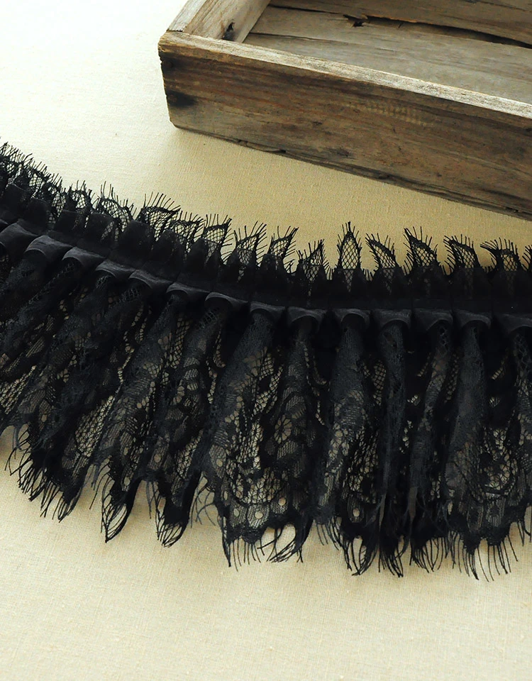 Description Picture 3 of item15CM Wide Black Organza Eyelash Fringed Lace Ruffle Trim Ribbon Women Dress Collar Skirts Splicing Material Sewing Tassel Decor