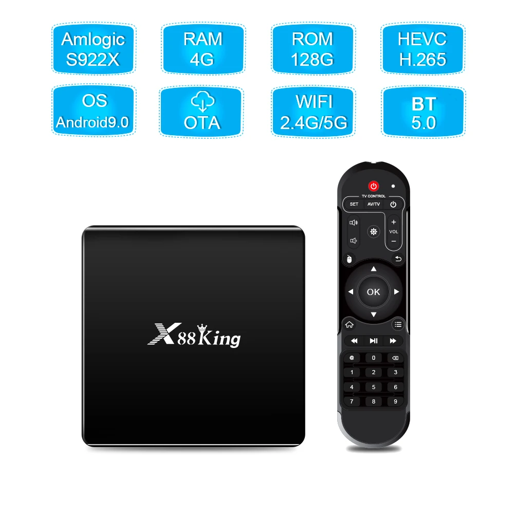 High End X88 King TV Box Android 9.0 Amlogic S922X 4GB RAM 128GB 4K Smart tvbox 5GHz WiFi BT 5.0 1 Year IPTV Europe Brasil
High End X88 King TV Box Android 9.0 Amlogic S922X 4GB RAM 128GB 4K Smart tvbox 5GHz WiFi BT 5.0 1 Year IPTV Europe Brasil
