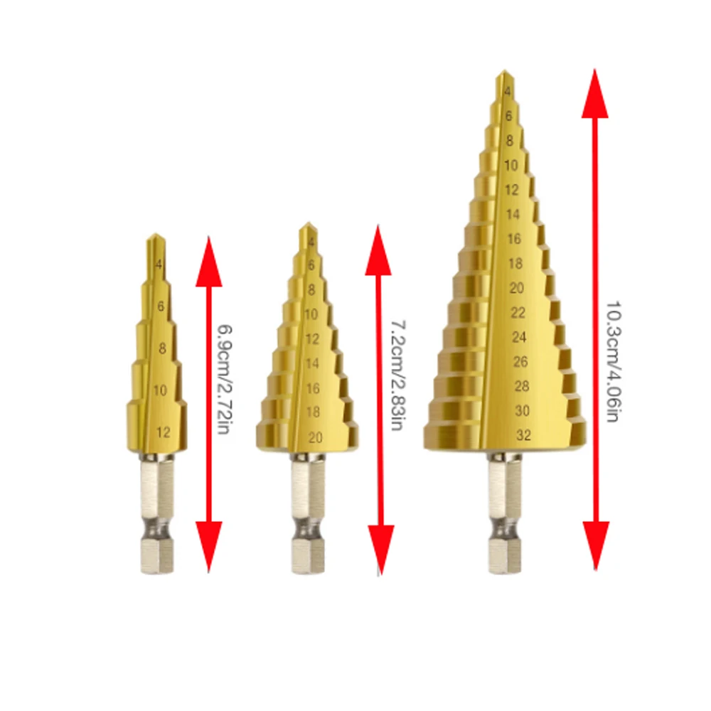 3pcs 1/4 Step Cone Taper Drill Bit Set Hole Cutter Metric Titanium Coated Metal Hex Stepped Drill Bits 4-12/20/32mm
3pcs 1/4 Step Cone Taper Drill Bit Set Hole Cutter Metric Titanium Coated Metal Hex Stepped Drill Bits 4-12/20/32mm