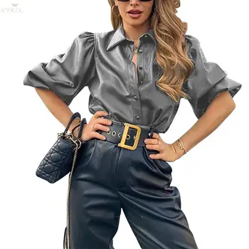2020 Fashion Womens Clothing Winter Shirts Turn-down Collar Full Puff Sleeve Solid Tops Sexy Night Clubwear Pu Leather Blouse
2020 Fashion Womens Clothing Winter Shirts Turn-down Collar Full Puff Sleeve Solid Tops Sexy Night Clubwear Pu Leather Blouse