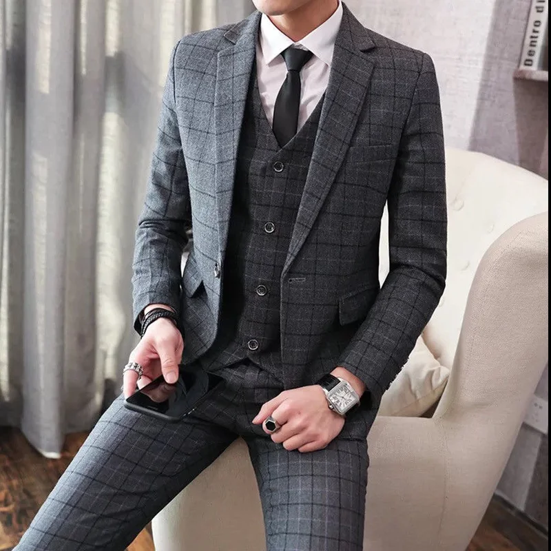 

Men's Gray Tweed Notch Lapel Suits Check Plaid 3 Pieces One Button Groom Wedding Tuxedos Slim Fit