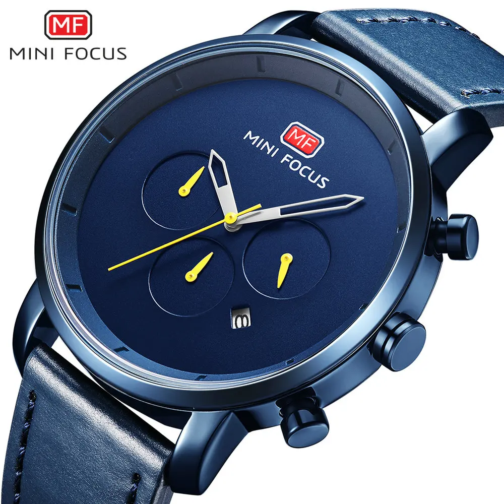 

MINIFOCUS Simple Blue Watch Men Leather Strap Quartz Watches Top Brand Luxury Calendar Working 3 Sub-dial Fashion Casual Clocl