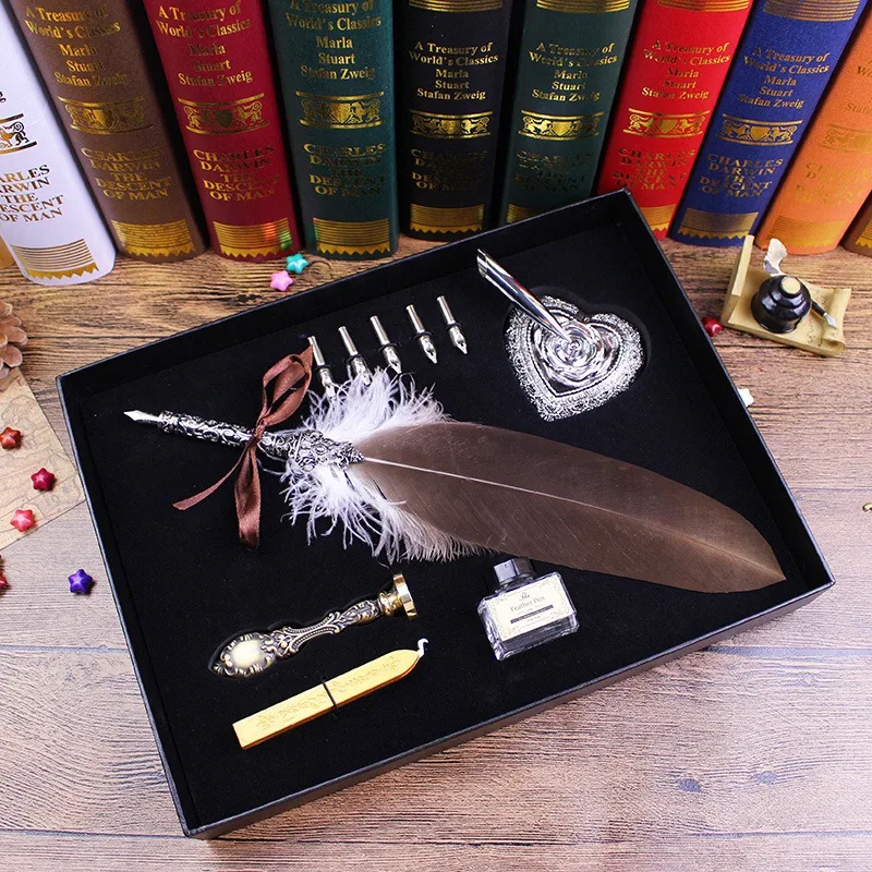 10 Pcs Feather Quill Pen Set Dip Pen Writing Calligraphy Pen Kit with Ink Bottle Nibs in Gift Box
10 Pcs Feather Quill Pen Set Dip Pen Writing Calligraphy Pen Kit with Ink Bottle Nibs in Gift Box