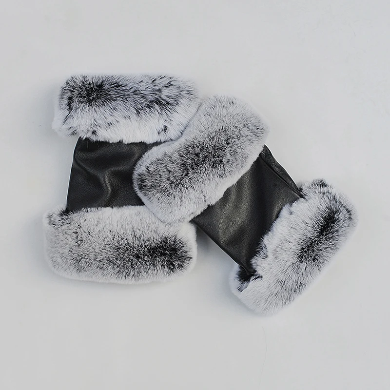 

CX-A-143 Women Winter Fashion Arm Warm Fingerless Rex Rabbit Fur Lined Genuine Leather Gloves