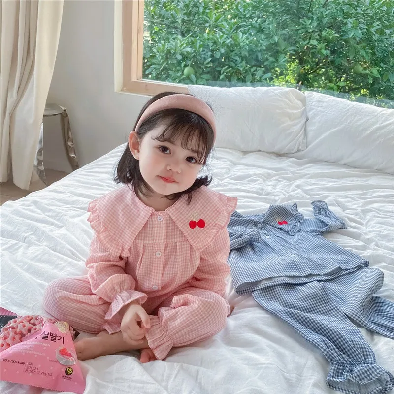 Korean Plaid Baby Girl Clothes set Long Pants Long-sleeved Home Service suit Cotton Kids Pajamas Children Sleepwear | Детская одежда и