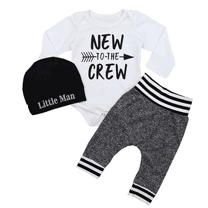 Baby Set For Boy Soft Spring Autumn Casual Baby Boy Letter Printing Rompers And Trousers And Hat Kids Three-piece Outfit Set 
Baby Set For Boy Soft Spring Autumn Casual Baby Boy Letter Printing Rompers And Trousers And Hat Kids Three-piece Outfit Set