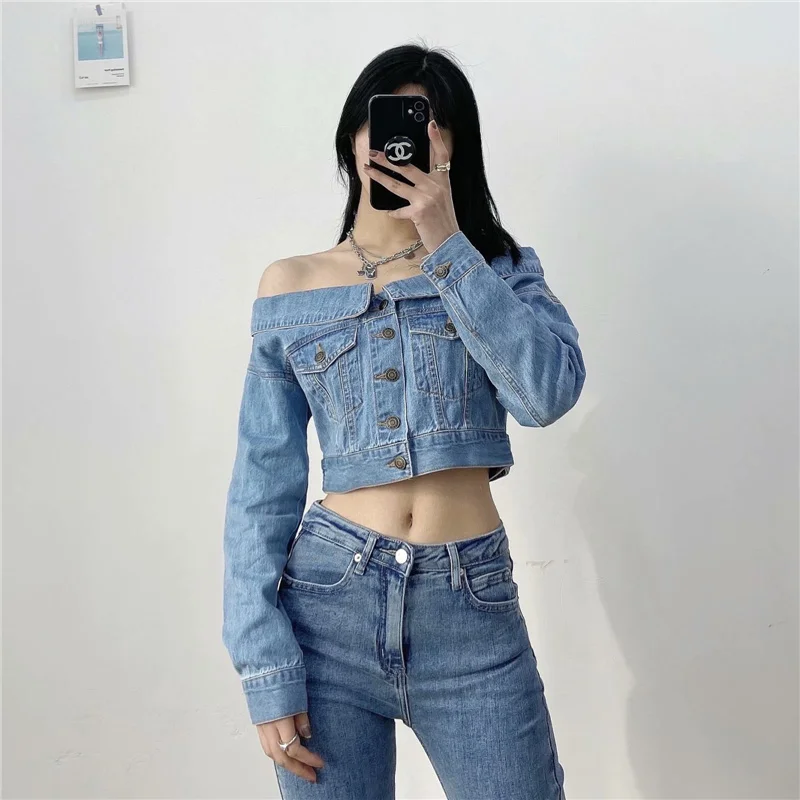 Spring and summer new style street fashion one-line neck strapless sexy short denim jacket women slimming denim jacket women
Spring and summer new style street fashion one-line neck strapless sexy short denim jacket women slimming denim jacket women