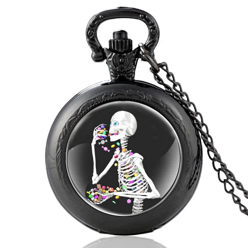 Black Halloween Candy and Skull Quartz Glass Dome Pocket Watch Antique Men Women Necklace Pendant Jewelry Halloween Gift 
Black Halloween Candy and Skull Quartz Glass Dome Pocket Watch Antique Men Women Necklace Pendant Jewelry Halloween Gift