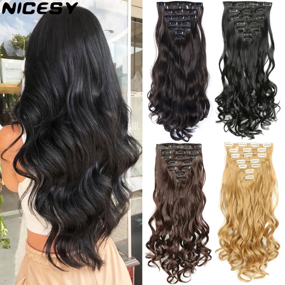

NICESY 16Clips Synthetic 24Inch Long Curly Hair Hairpiece Heat Resistant Hair Extension Clips In Ombre Black Brown Blond Women