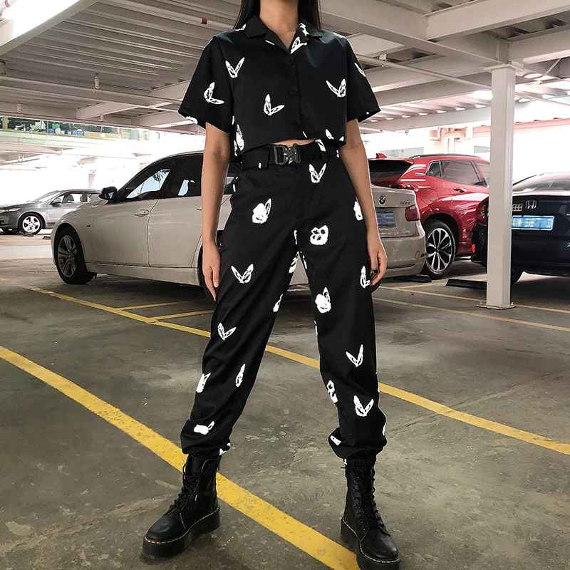 Darlingaga Streetwear Reflective Butterfly Print Two Piece Set Women Tracksuit Summer Cropped Blouse Top and Pants Matching Sets