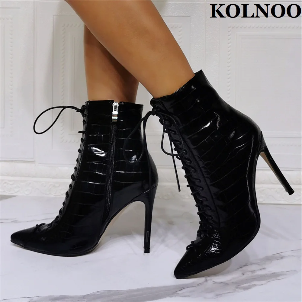 

Kolnoo New Handmade Ladies Stiletto Heel Dress Boots Criss Shoelace Black Classic Party Prom Ankle Boots Fashion Winter Shoes