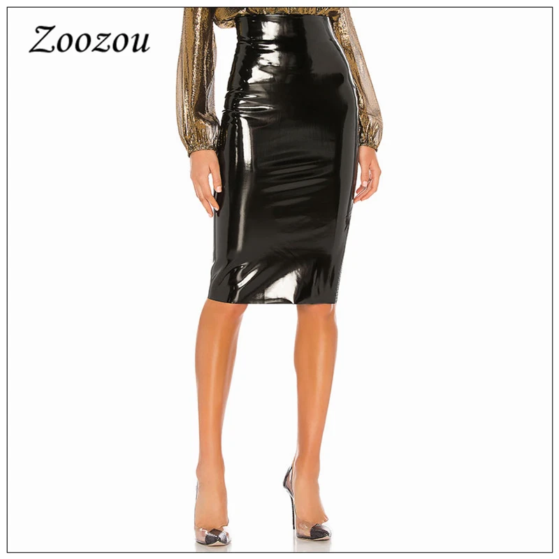 High Waist Latex Patent Leather PVC Midi Skirt Women Elegant Back Slit Hem Office Lady Pencil Skirt Pu Knee Length Skirt Custom High Waist Latex Patent Leather PVC Midi Skirt Women Elegant Back Slit Hem Office Lady Pencil Skirt Pu Knee Length Skirt Custom