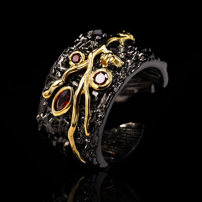 Exquisite and Unique Bohemian Black Gold Geometric Hollow Open Ring Red Zircon Branch Ring Haute Couture Couple Party Ring
Exquisite and Unique Bohemian Black Gold Geometric Hollow Open Ring Red Zircon Branch Ring Haute Couture Couple Party Ring