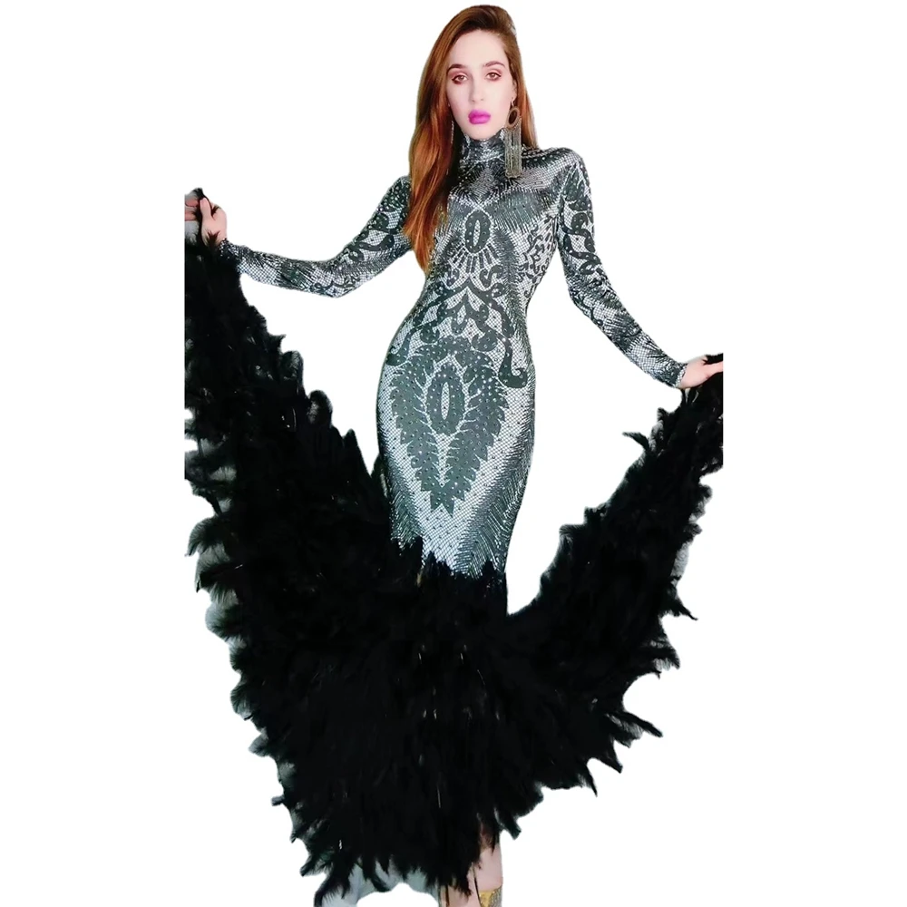 Sparkly Rhinestones Black Long Feather DressWomen Birthday Celebrate Evening Prom Gown Dress Singer Show Performance Stage Wear
Sparkly Rhinestones Black Long Feather DressWomen Birthday Celebrate Evening Prom Gown Dress Singer Show Performance Stage Wear