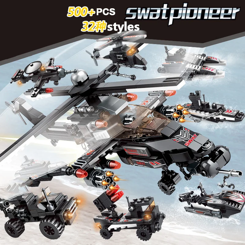 500 PCS 8 IN 1 Swat Police Building Blocks legoinglys Technic Military Blocks City Bricks Figure Car Aircraft Warship Toy (1)