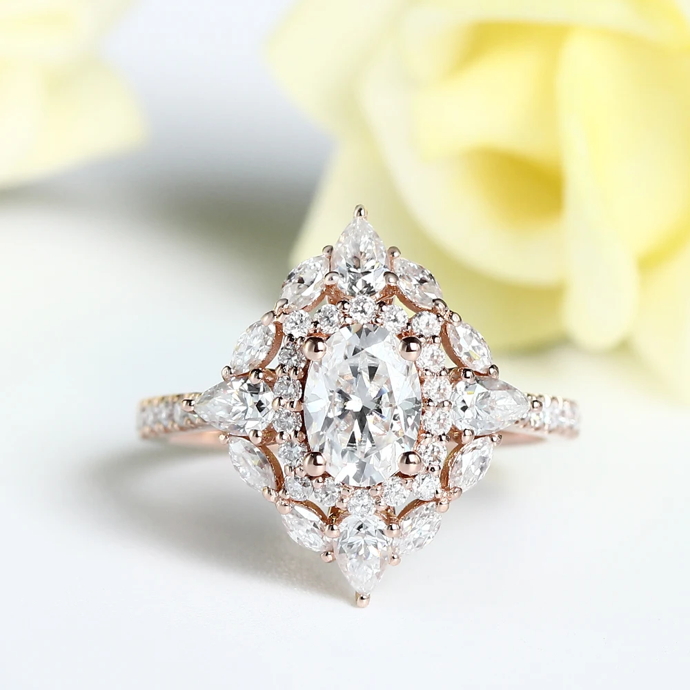 Veryins Art Deco 14K Rose Gold Center 6*8mm Oval Cut Moisanite Double Halo Engagement Ring for Women Anniversary Gift Veryins Art Deco 14K Rose Gold Center 6*8mm Oval Cut Moisanite Double Halo Engagement Ring for Women Anniversary Gift