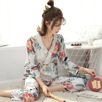 KISBINI 2020 Spring Autumn Pajamas Set For Women Lace Cotton Flower Long Sleeve+Pants 2PCS V-neck Women's Pyjamas Sleepwear
KISBINI 2020 Spring Autumn Pajamas Set For Women Lace Cotton Flower Long Sleeve+Pants 2PCS V-neck Women's Pyjamas Sleepwear