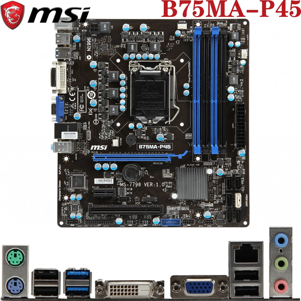 MSI B75MA-P45 For LGA1155 Intel Core 2th/3th i3/i5/i7/Xeon/Pentium/Celeron DVI 32G LGA-1155 B75 Micro-ATX Desktop PC Motherboard
MSI B75MA-P45 For LGA1155 Intel Core 2th/3th i3/i5/i7/Xeon/Pentium/Celeron DVI 32G LGA-1155 B75 Micro-ATX Desktop PC Motherboard