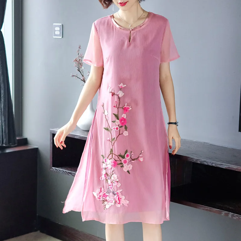 

Mom Summer Wear Short-sleeve Dress Western Style Middle-aged WOMEN'S Apparels 2019 New Style Fashion Chiffon Elegant over-the-Kn