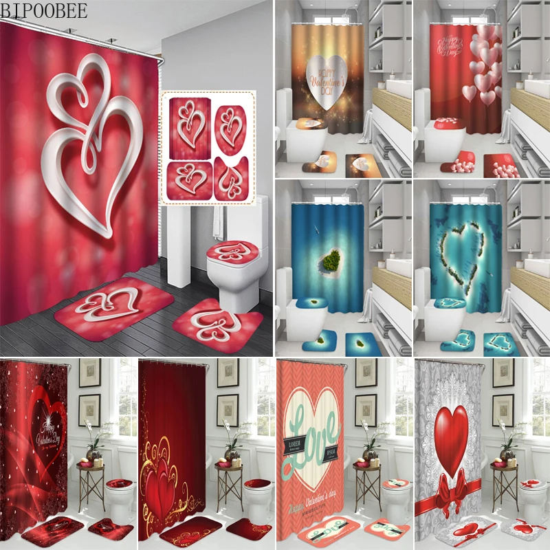 Happy Valentines Day Shower Curtains Bathroom Curtain Red Love Pattern Bath Sets Toilet Cover Mat Non-Slip Washroom Rug Set |