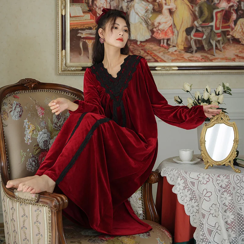 

Женское зимнее длинное платье романтические ночные сорочки, викторианский бархатный халат, винтажный Королевский Пеньюар в Королевском Стиле, одежда для сна принцессы