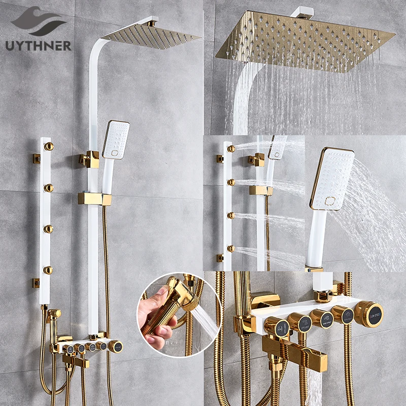 

Luxury White Gold Shower Faucet Set 5-Function Switch Wall Mount Rain Shower Head With Hand Shower Bathtub Spout Bidet Tap Mixer