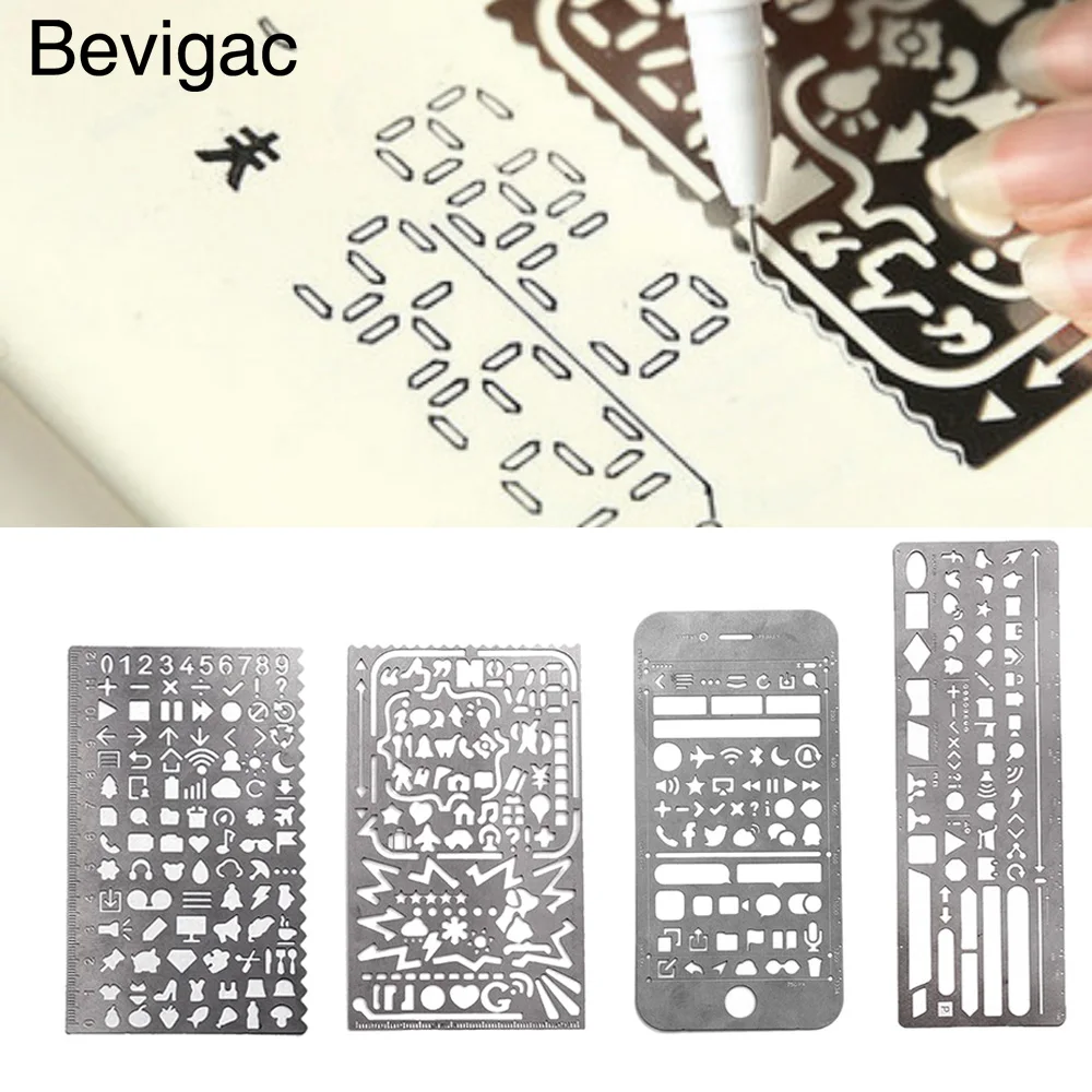 4PCS Portable Stainless Steel Multi Functional Drawing Template Ruler Stencil for Agenda Planner Journal Scrapbook Schedule Book |