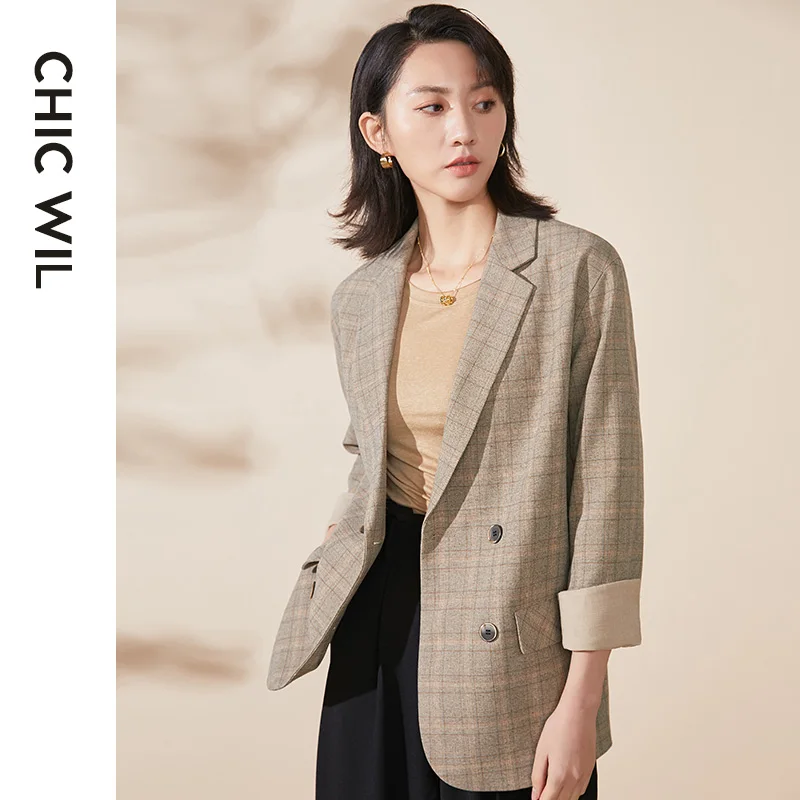 

New Autumn Short Suit Women Double Breasted Blazer Vintage Plaid Jacket Female Suit Long Sleeve Veste Femme Clothing ED50XZ