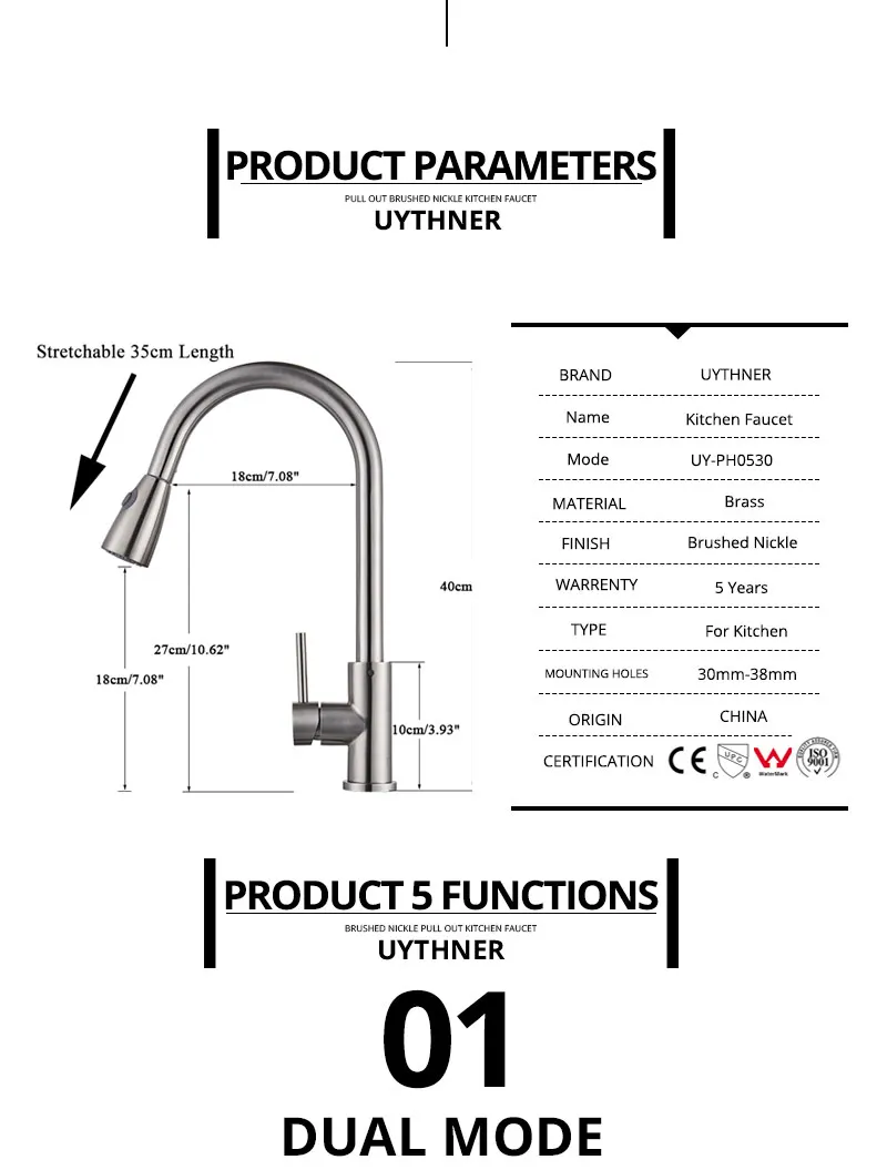 Uythner Modern Faucet Luxury Brass Gold Kitchen Faucet Rotatable Mixer Tap Single Sharp Handle Single Hole Hot&Cold Water